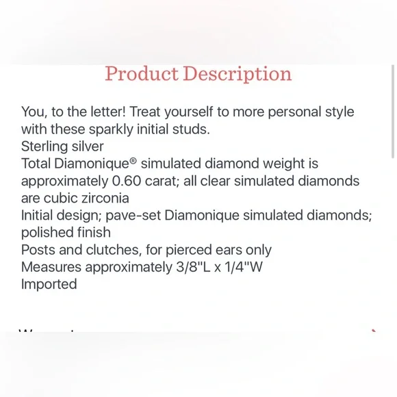 NWOT Diamonique Pave “E” Initial Stud Earrings, Sterling Silver, Pierced - Picture 4 of 4